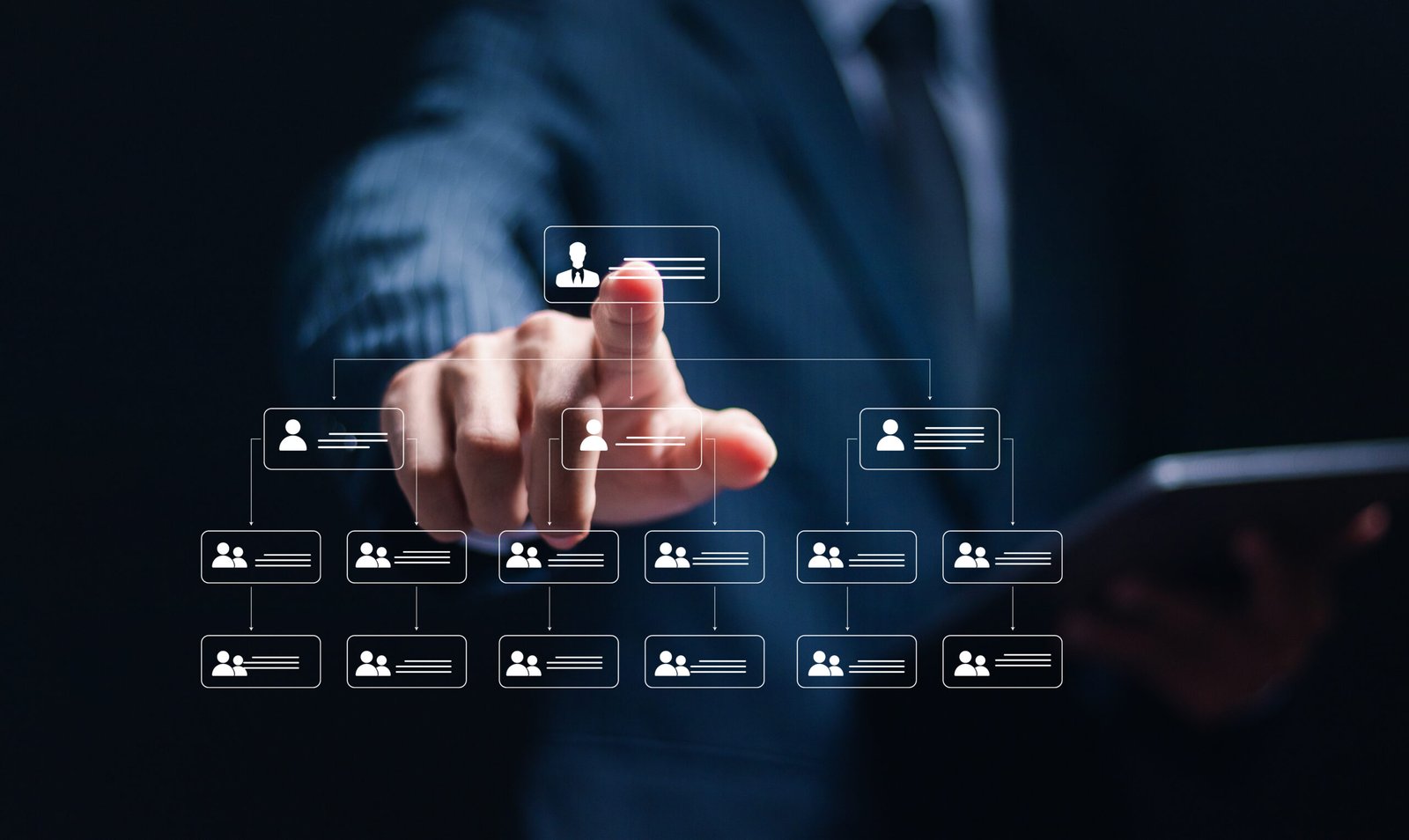 Businessman touch workflow automation system with data diagram of hierarchical structure of departments in business organization. Business workflow process management concept.